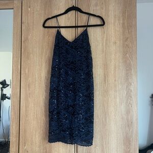 Aqua Navy Sequin Midi Slip Dress with Spaghetti Straps